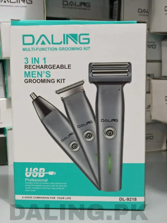 DL-9218 3-in-1 Rechargeable Hair Trimmer, Shaver & Nose Trimmer for Men - All-in-One Grooming Kit