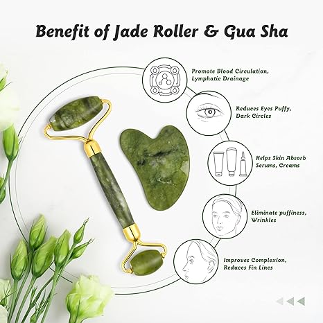 Facial Beauty  Jade Roller Set In Marble - Green