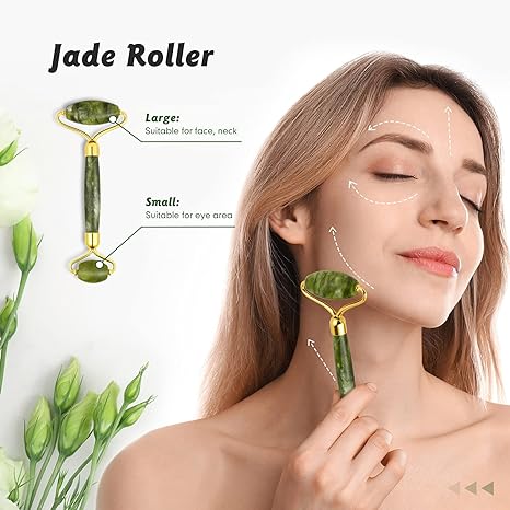 Facial Beauty  Jade Roller Set In Marble - Green