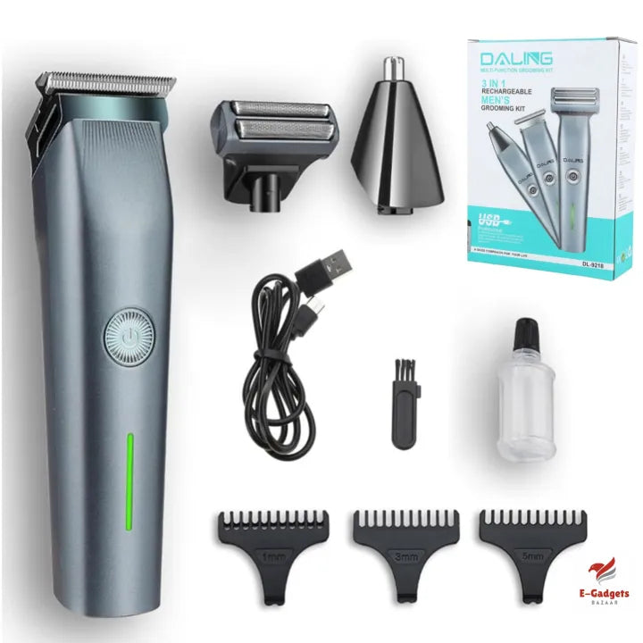 DL-9218 3-in-1 Rechargeable Hair Trimmer, Shaver & Nose Trimmer for Men - All-in-One Grooming Kit