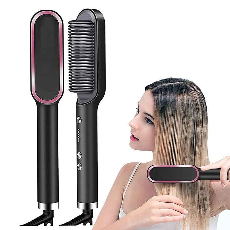 Electric Hair Straightener Brush Heated Comb Straight & Curly Styling Tool